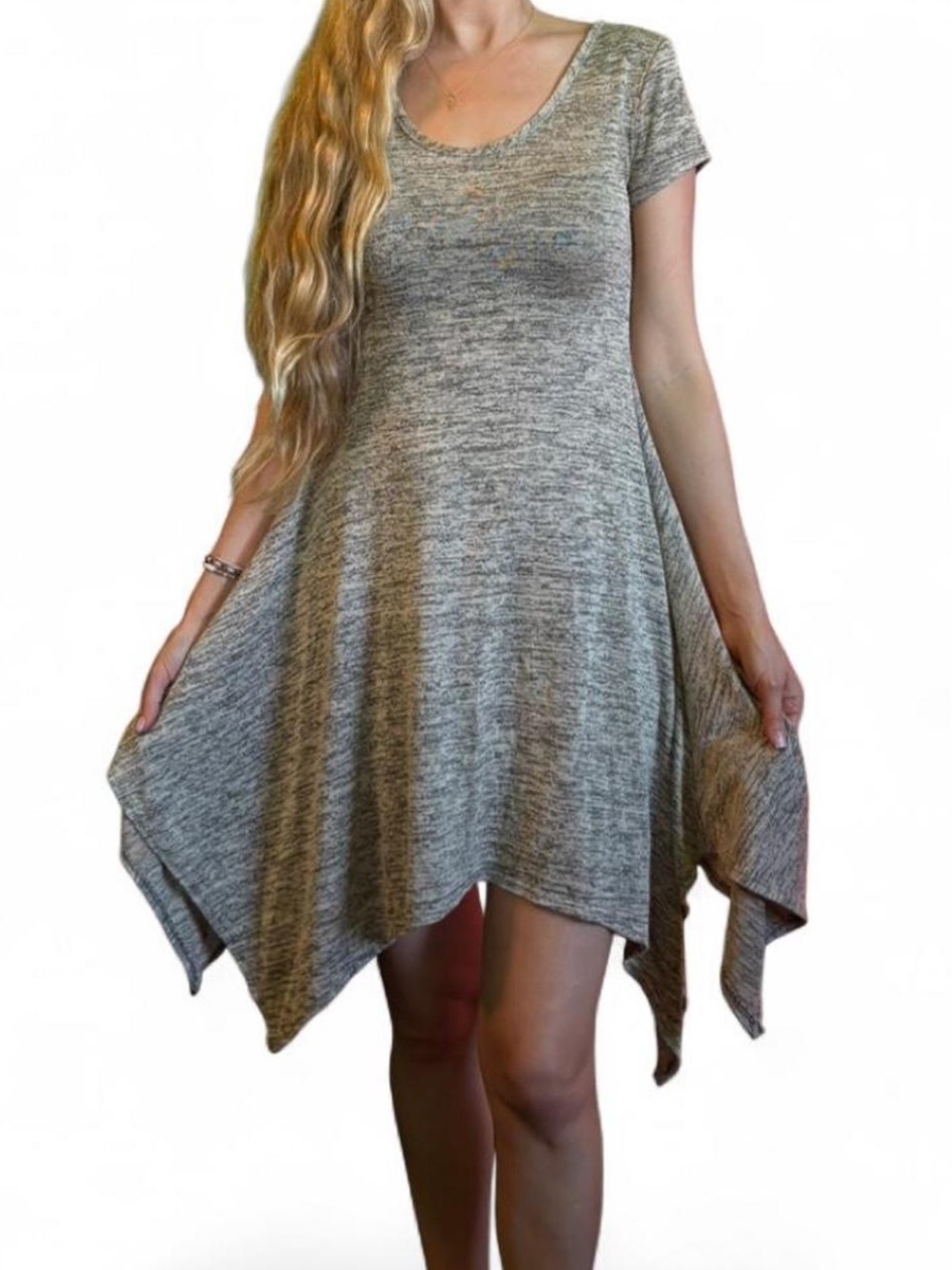 Light gray asymmetrical flowy soft knit tee shirt style day dress S